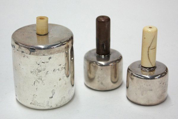 Danish sterling silver condiment set Hingelberg: (lot of 3) Danish sterling silver condiment set by Frantz Hingelberg, Aarhus maker, comprising two salt and pepper shakers, both cylindrical in form, the salt with an ivory tubular spout, the pepper w