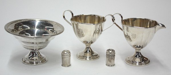 American sterling silver salt pepper Gorham: (lot of 5) American sterling silver table articles including a pair of Gorham salt and pepper shakers, an Otto Reichardt (New York, NY, 1922-1960) sugar and creamer set with round weighted pedestal ba