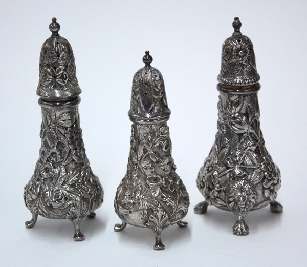 sterling silver shakers Kirk & Son: (lot of 3) Assemblage of sterling silver shakers including two Ritter & Sullivan (Baltimore, MD 1900-1915) shakers in graduated sizes, together with an S. Kirk & Son shaker, all with floral repousse d