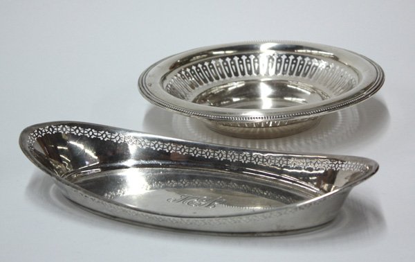 Gorham sterling circular serving tray: (Lot of 2) Gorham sterling circular serving tray, made 1910, having beaded edge and pierced sides, 8''d,together with a Gorham sterling roll tray, made 1929, monogrammed 'MAE,' having reticulated side