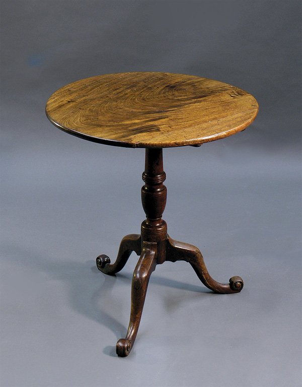 Mahogany George II tilt top table, Merv Griffin: Mahogany George II tilt top table with ring and urn standard, on tripod base with snake legs ending in scroll feet, 29.5''h x 26''d, repair to top. Provenance: The Collection of Tony Griffin - selecte