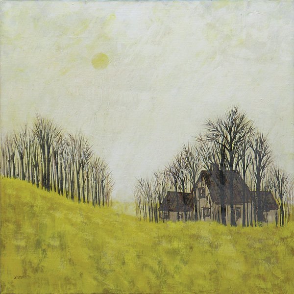 Painting Modern Landscape Sutton, Merv Griffin: Framed oil on canvas, Modern Landscape with Cabin and Trees, signed ''Sutton'' lower left, framing label affixed verso, sight: 36''h x 36''w, overall: 37.5''h x 37.5''w. Provenance: The Collection of 