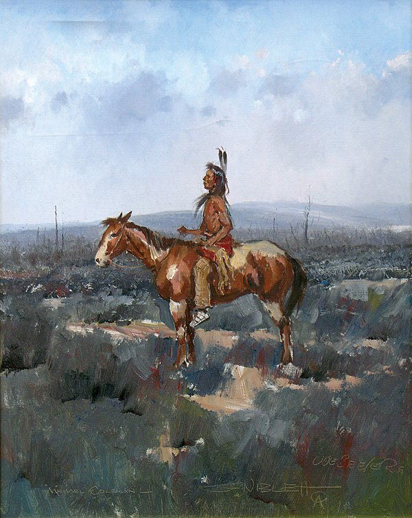Painting Niblett Beeler Coleman, Merv Griffin: Framed oil on canvas, Portrait of a Native American Man on Horseback, by Michael Coleman (American, b. 1946), Gary Niblett (American, b. 1943) and Joe Beeler (American, 1931-2006), signed by all three