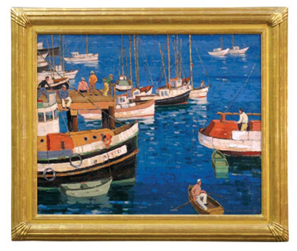 Painting Paul Sample Harbor, Merv Griffin: Framed oil on canvas, ''Busy Harbor Near San Pedro, California,'' 1926, by Paul Starrett Sample (Californian, 1896-1974), signed and dated ''Paul Starrett Sample '26'' lower right, titled on stretcher