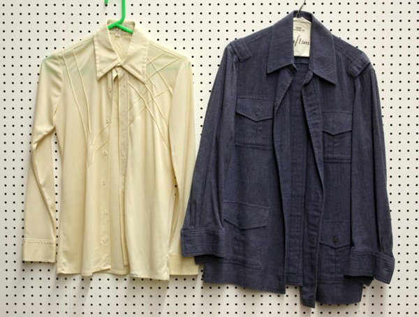 Contemporary clothing, Merv Griffin: (lot of 34) Grouping of contemporary clothing including a Gucci sweater, numerous button down and pullover sweaters, a rugby style shirt, denim button down work shirts, and a retro shirt jackets. Prov