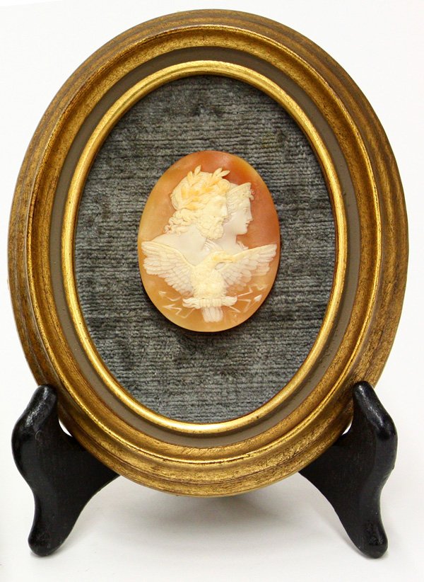 Victorian cameo in frame: Victorian cameo with depiction of Roman male and female over an eagle with outstreatched wings, 2'' h, mounted in a shadow box frame