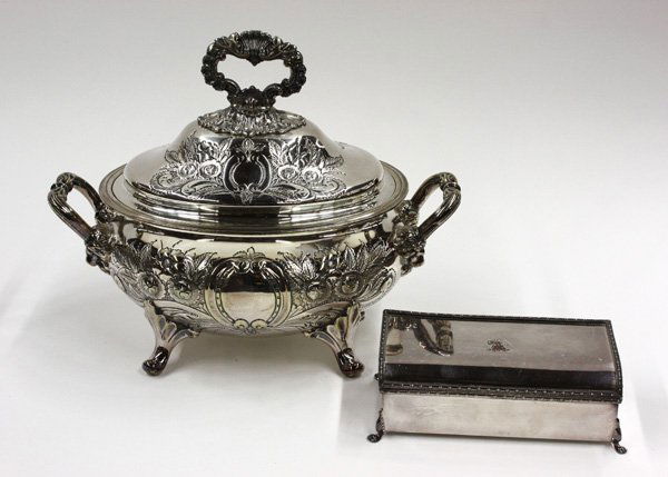 English silverplate lidded tureen: (lot of 2) English silverplate lidded tureen having ornate classically styled handle and repousse designs throughout, with lion masks and four foliate decorated feet, 10''h x 13''w, together with an o