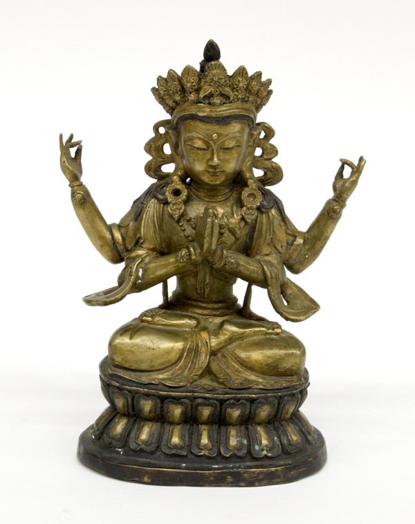 Sino-Tibetan Style Bodhisattva Figure: Sino-Tibetan style copper-alloy esoteric Buddhist figure, wearing royal attire and seated in meditation on a double lotus pedestal, the primary hand in the namaskara mudra, the others held to either s