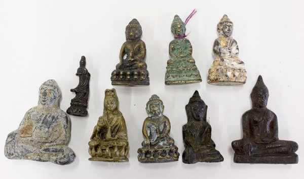 Bronze/Copper Alloy Buddhist Figurines: (lot of 9) Group of Chinese, South and Southeast Asian bronze and copper alloy miniature Buddhist figures, most of the historical Buddha in the bhumisparsa mudra, two of Guanyin, tallest 1.75''
