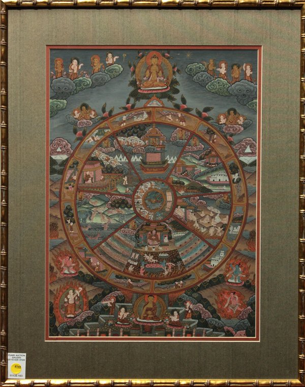 Nepalese Thangka, Wheel of the Law: Framed Nepalese thangka, ink and color on fabric, featuring the wheel of the law depicted with various narrative vignettes, further framed by manifestations of Buddhist deities in an imaginary mountai