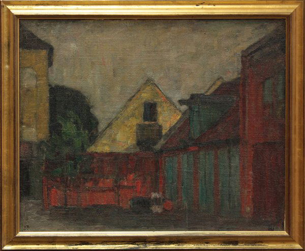 painting, Ejnar Hansen, Houses: Framed oil on canvas laid to board, Houses, by Ejnar Hansen (American, 1884-1965), initialed ''EH'' lower right and inscriber verso, sight: 17.5''h x 22''w, overall: 21''h x 25.5''w