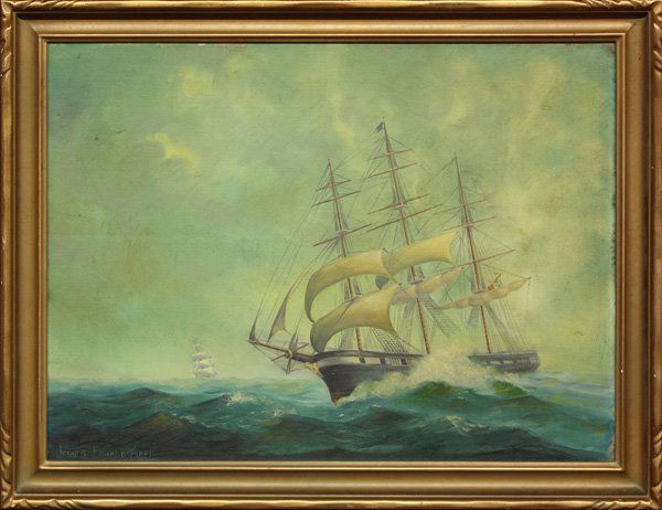 painting, Ship, James Edward Aber: Framed oil on board, Ship at Sea, signed ''James Edward Aber'' lower left, sight: 17.5''h x 23.5''w, overall: 21.5''h x 27.5''w