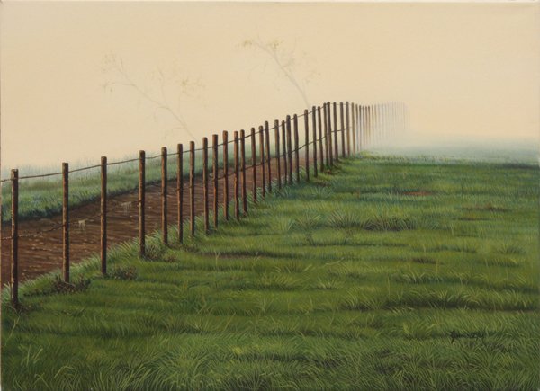 Painting Cuban Jorge Joanicot: Unframed oil on canvas, ''The Long Walk,'' 2004, by Jorge Joanicot (Cuban, b. 1942), signed and dated ''Joanicot/04'' lower right, inscribed verso, overall: 23.5''h x 31.5''w.