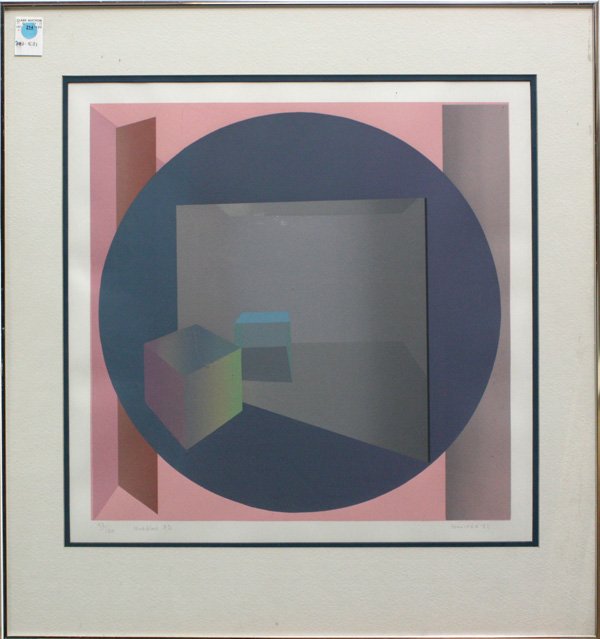 Serigraph Abstract Sue Gollifer: Framed serigraph, ''Untitled P5'' (Abstract in Pink and Blue), by Sue Gollifer (British, b. 1944), signed and dated ''Gollifer '81'' lower right, titled lower left, numbered 42/150 lower left, overall