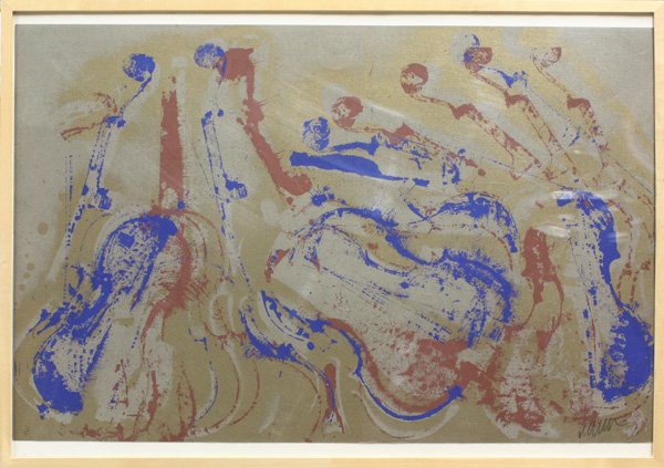Serigraph, Cavalcade, Arman: Framed serigraph, ''Cavalcade'' by Arman (French/American, 1928-2005), pencil signed ''Arman'' lower right, numbered indistinctly (51/180?) lower left, inscribed and titled verso, sheet: 25''h x 39''w