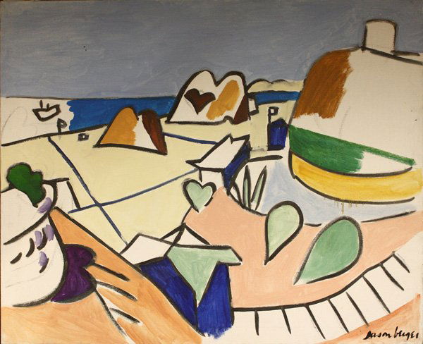 Painting Jason Berger Praia de Rocha: Unframed oil on canvas, ''Praia de Rocha,'' c. 1985, by Jason Berger (American, b. 1924), signed ''Jason Berger'' lower right, titled and dated on stretcher bars, overall: 32''h x 39.5''w.