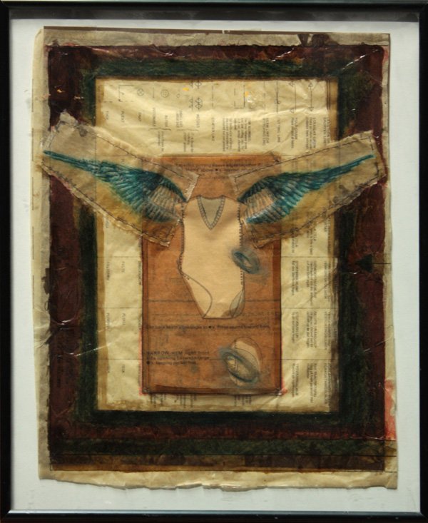 Mixed medias, Lisa Kokin, found objects, collage: (lot of 2) Framed artwork by Lisa Kokin (Californian, Contemporary): mixed media (sewn found photograph, found text), ''Marriage, a vacillating state of libido,'' pencil signed, numbered and dated ''L