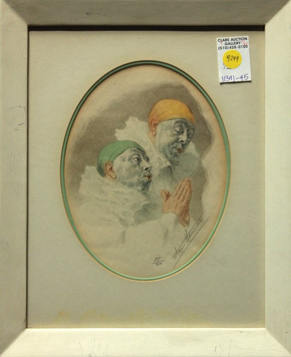 Prints, Armand Henrion, Currier and Ives: (lot of 2) Framed hand-colored lithograph, Boy and Dog, by Currier and Ives, overall: 17.75''h x 14''w; Framed color etching, Pierrots, by Armand Henrion (French, 1875-?), pencil signed and numbered 9