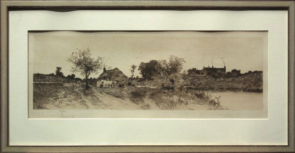 Etching, Ernest C. Rost, American: Framed etching, Cottage Landscape, by Ernest C. Rost (American, 20th century), plate signed lower left, overall: 15.5''h x 29''w