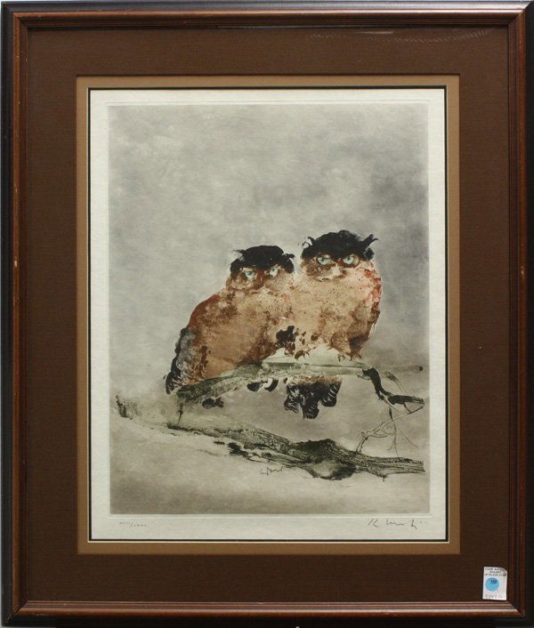 Etching, Kaiko Moti (East Indian): Framed aquatint etching, Two Owls, by Kaiko Moti (East Indian, 1921-1989), signed in pencil K Moti, with edition notation XLIII/LXXV (=43/75), overall 34.25''h x 29''w; sight 24.5''h x 19''
