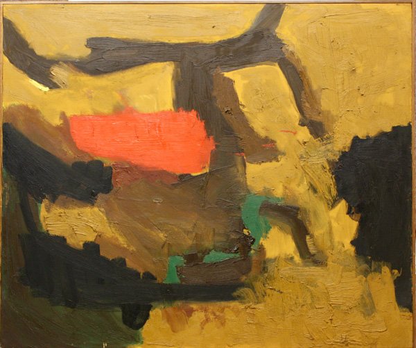 Painting, Jane McCabe, Abstract: Framed oil on canvas, Brown and Red Abstract, attributed to Jane McCabe, initialed verso, overall: 37.5''h x 45''w