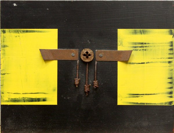 Mixed media, Werner Glinka, contemporary: Unframed mixed media assemblage (paint, metal, eucalyptus seed) on board, ''Small Object #387,'' 2005, by Werner Glinka (German/Californian, Contemporary), initialed and dated ''W.G. 2003'' verso, tit