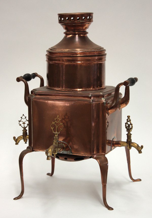 Copper samovar with ebony handles: Copper samovar with ebony handles and three brass spigots, 21'' h