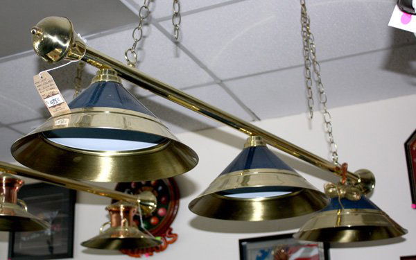 brass three bulb hanging light fixture: Hi Lite Mfg. brass three bulb hanging light fixture with three cobalt glass and brass shades All items must be paid for and picked up by 3 p.m. Thursday, May 14, 2009, no exceptions. Online bidders w