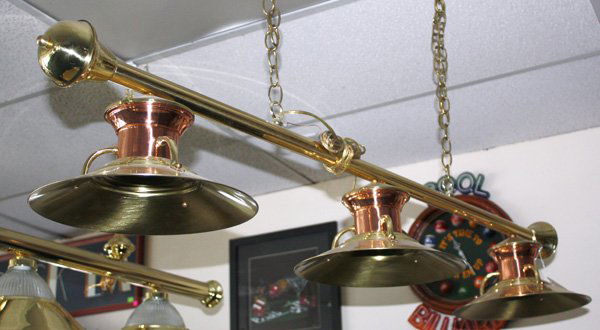 brass three bulb hanging light fixture: Hi Lite Mfg. brass three bulb hanging light fixture with three brass and copper shades All items must be paid for and picked up by 3 p.m. Thursday, May 14, 2009, no exceptions. Online bidders will be