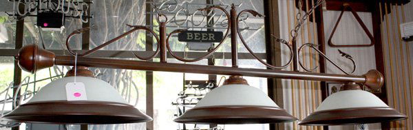 Three bulb hanging light fixture: Hi Lite Mfg. three bulb hanging light fixture with three frosted glass and metal rimmed shades (matches lot 9083) All items must be paid for and picked up by 3 p.m. Thursday, May 14, 2009, no excepti