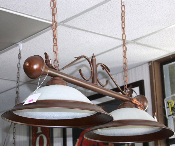 two bulb hanging light fixture with two frosted g: Hi Lite Mfg. two bulb hanging light fixture with two frosted glass and metal rimmed shades (matches lot 9082) All items must be paid for and picked up by 3 p.m. Thursday, May 14, 2009, no exceptions.