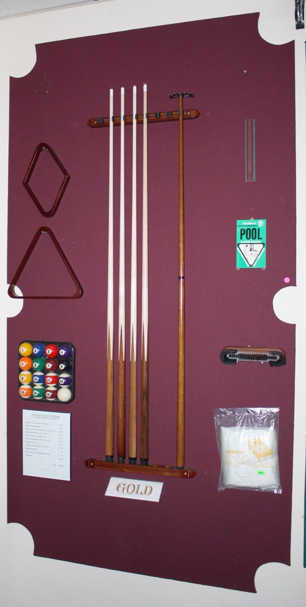 Pool table accessories balls triangle: "Gold" pool table accessory package including four cues in various sizes, two piece cue rack, standard billiard ball set, standard bridge stick, wood triangle, wood nine-ball rack, standard vinyl cove