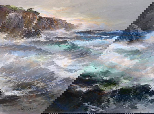 Oil painting, Alexander Dzigurski: Framed oil on canvas, Seascape, by Alexander Dzigurski (Californian 1911-1995), signed lower right, stamped on reverse, image: 30''H x 40''W, frame: 37.5''H x 47''W x 2''D