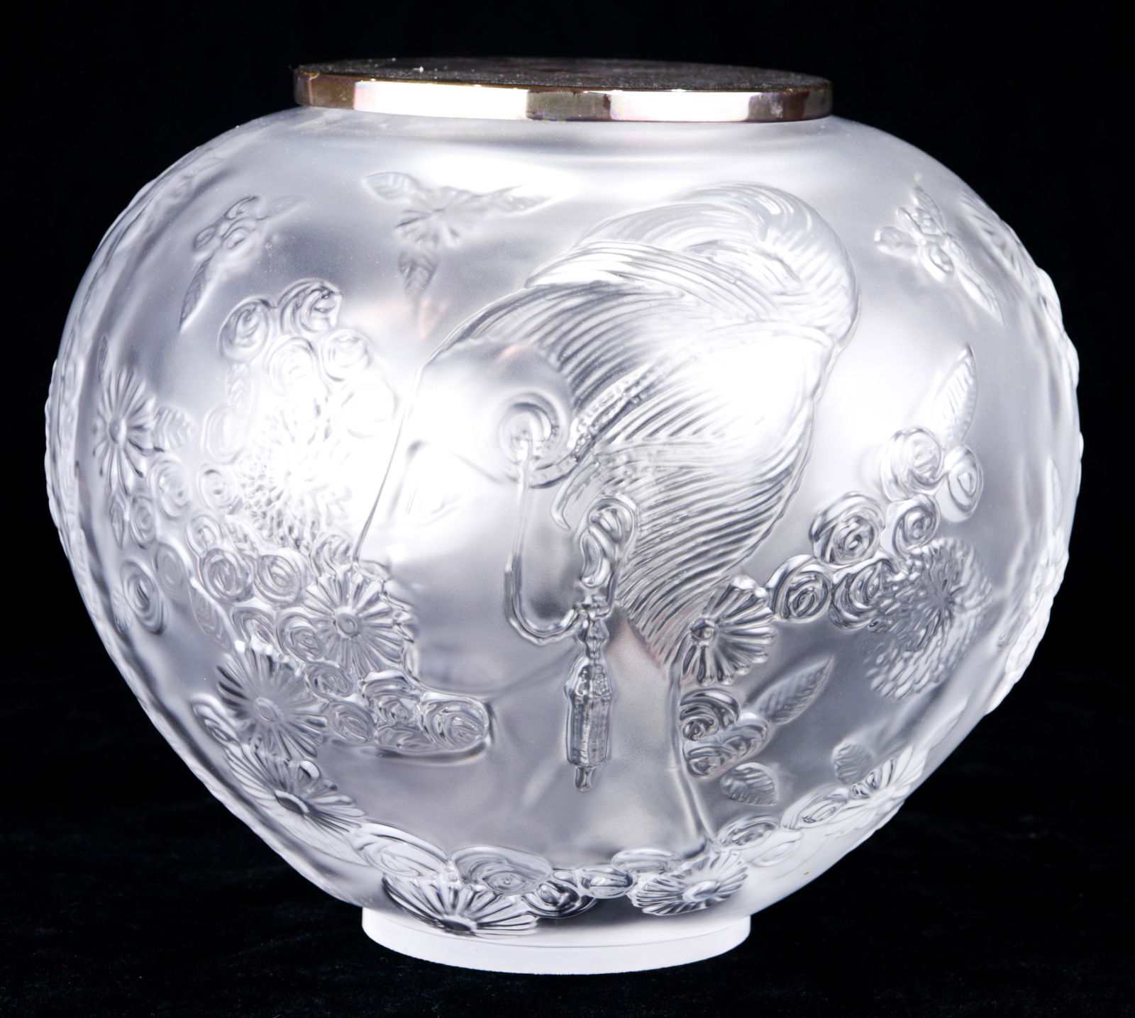 Romain De Tirtoff "Erte" French frosted crystal "Flower: Romain De Tirtoff "Erte" (1892 - 1990) French frosted crystal "Flower Among Flowers" limited edition vase, having a tapered form with a raised design throughout depicting the profile of a beauty among