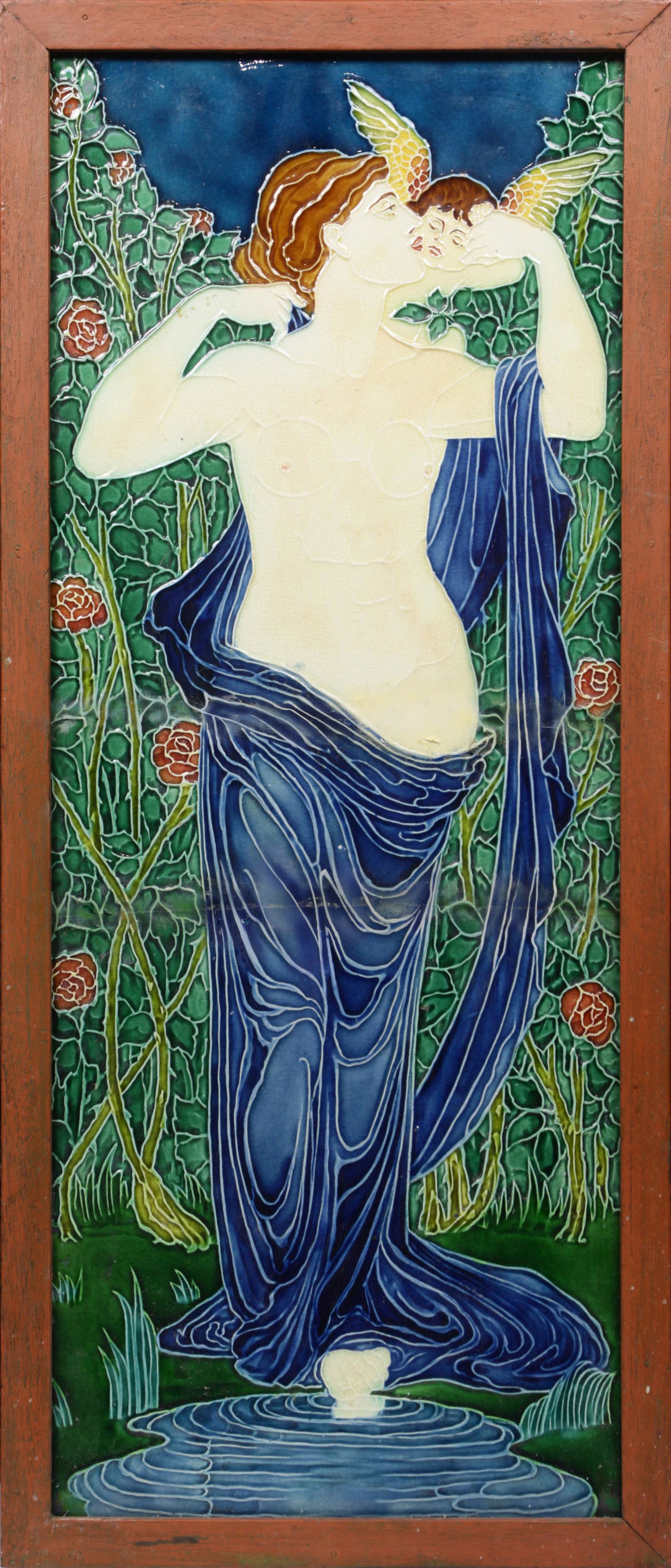 A large Art Nouveau scenic tile circa 1900: A large Art Nouveau scenic tile circa 1900, the large form depicting a partially nude beauty with a cherub at her shoulder, surrounding her roses in the Charles Rennie Mackintosh taste, overall 32"h x