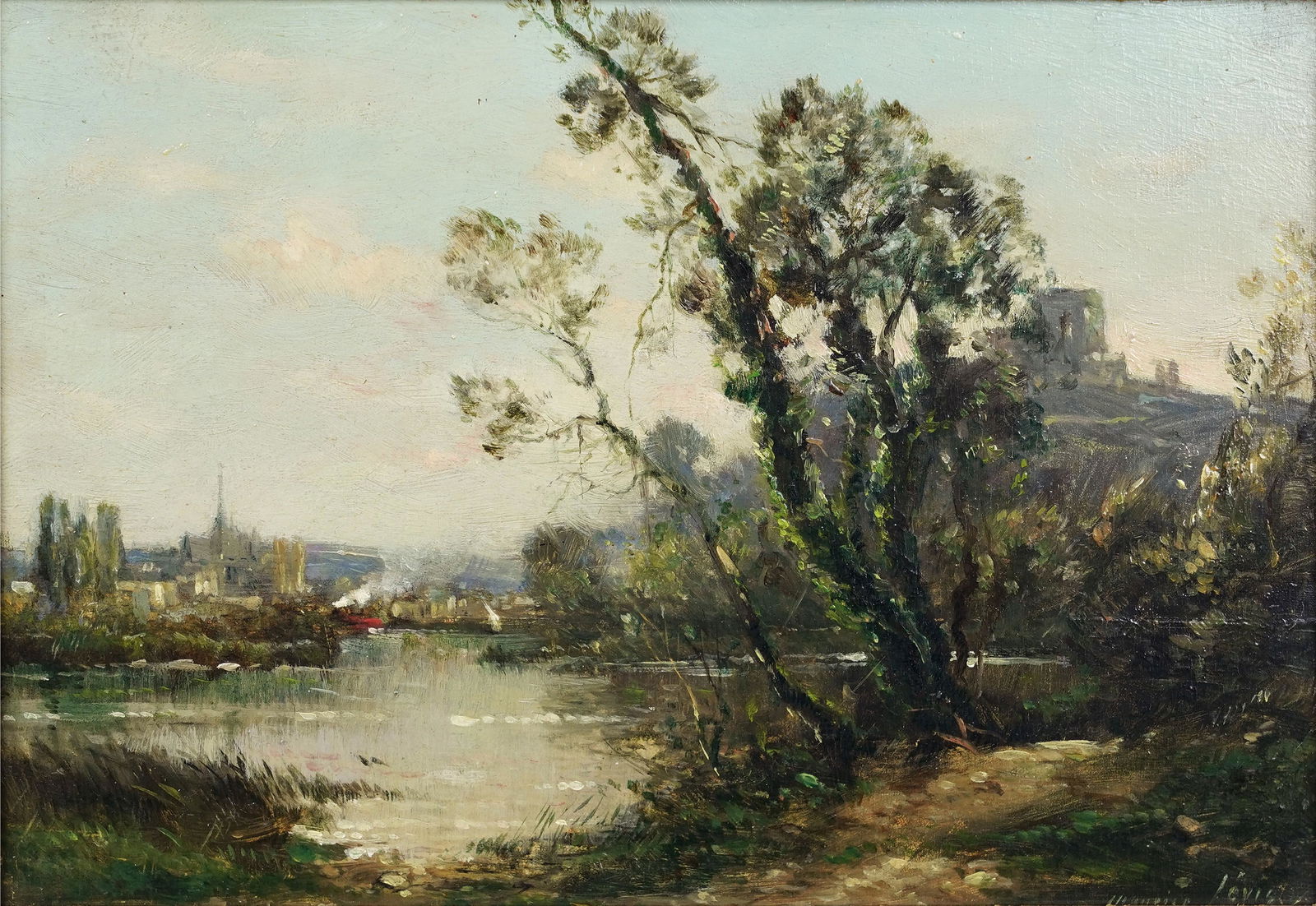 Painting, Maurice Levis: Maurice Levis (French, 1860-1940), "Septembre aux Andelys," oil on panel, signed lower right, titled verso, artist label affixed verso, panel: 6.5"h x 9.5"w, overall (with frame): 8"h x 11"w