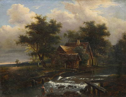 Painting, Attributed to Adriaen van de Velde: Attributed to Adriaen van de Velde (Dutch, 1636-1672), River Landscape with Cottage and Figures, oil on canvas (burlap), unsigned, artist name inscribed verso, canvas: 14.5"h x 18"w, overall (with fra