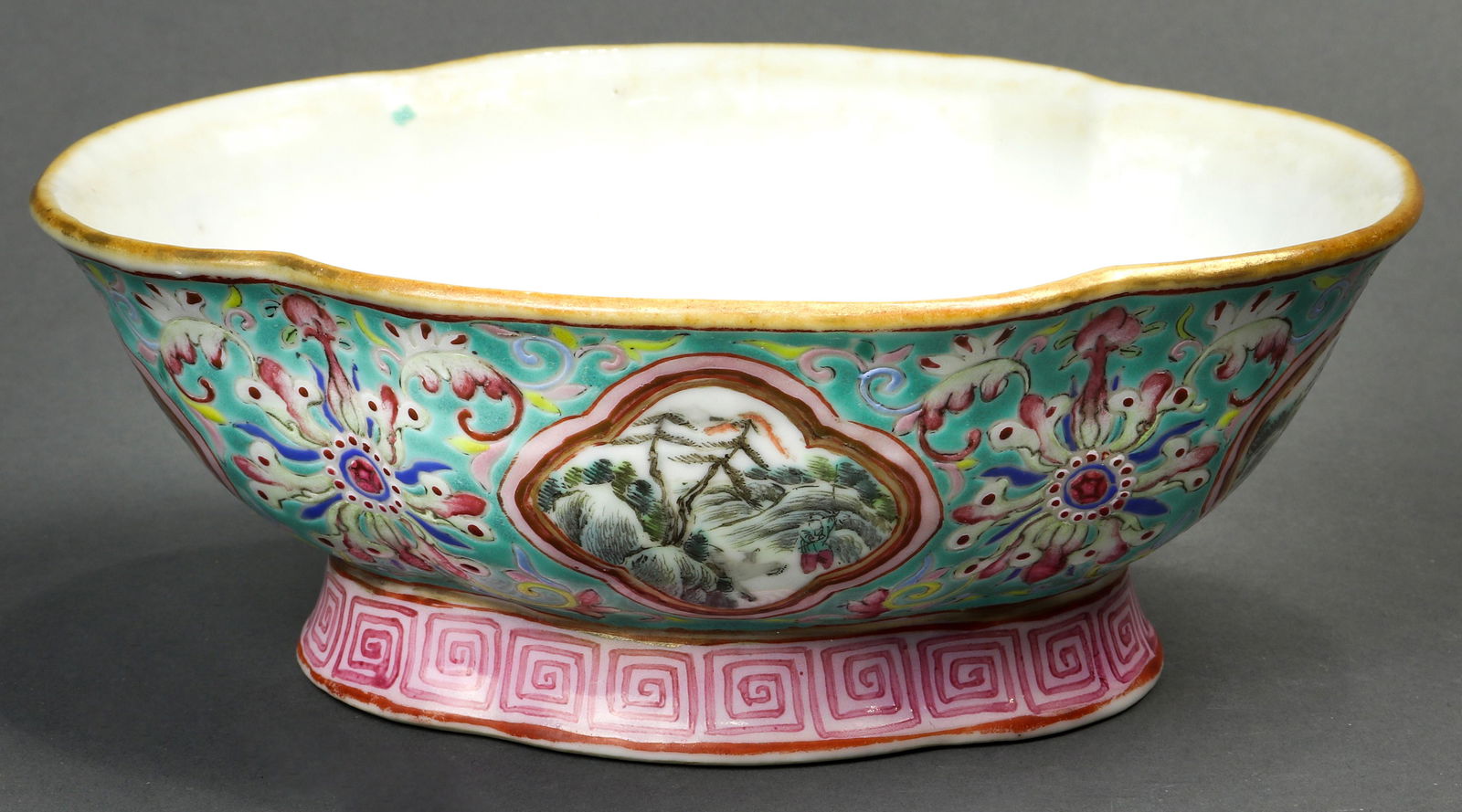 A Chinese Famille Rose turquoise ground pedestal dish (1 of 6)