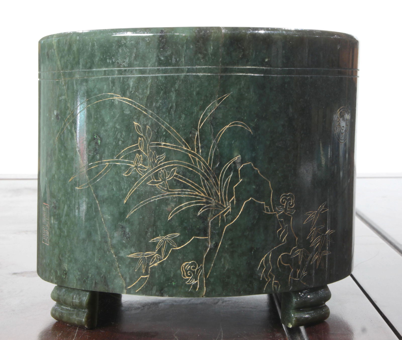 An Chinese Inscribed Spinach Jade Brushpot (1 of 9)