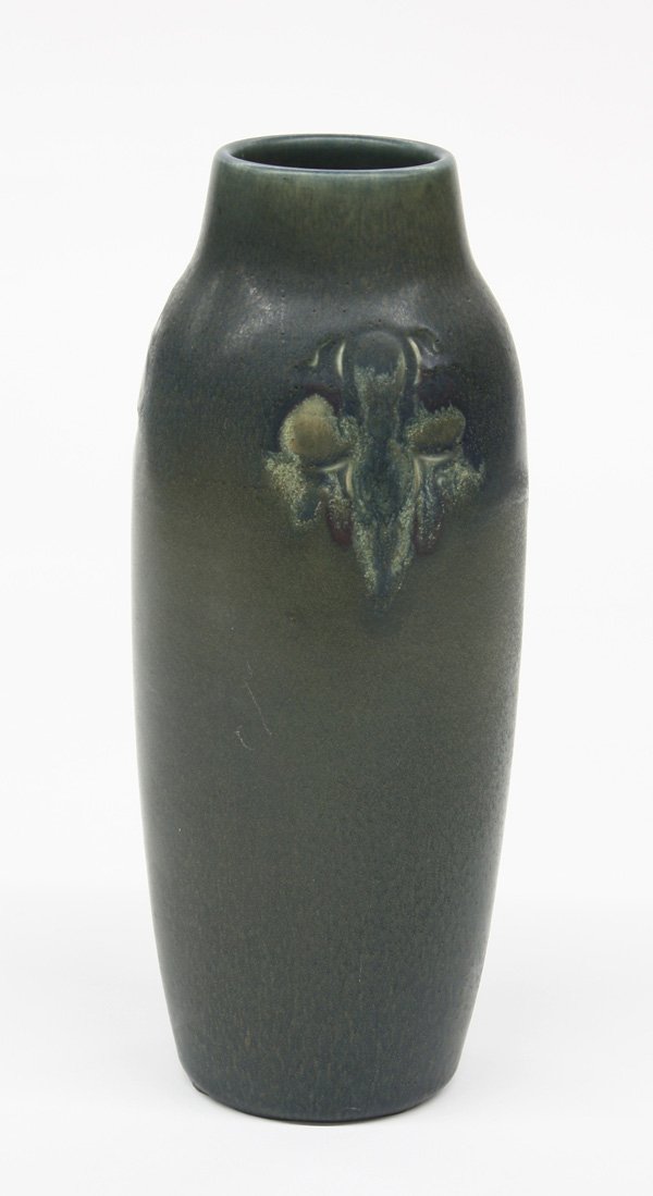 Rookwood matte glazed vase, 1914 Charles Todd: Rookwood matte glazed cylindrical vase, 1914 with incised flower petals, numbered 932, carved initials on base ''C. S. T.'', work of Charles Todd, 10''h