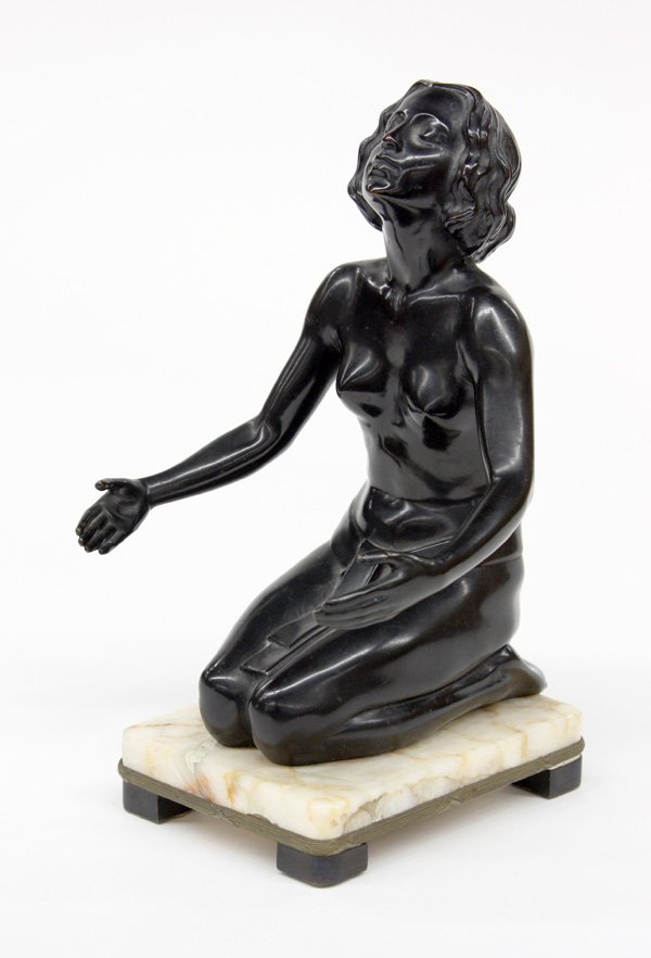 Patinated art deco bronze sculpture Lorenzl: Patinated art deco bronze sculpture modelled after a seated partial nude beauty with outstretched arms, Josef Lorenzl (Austrian, 1892-1950, signed and numbered 488/165 mounted to ormolu banded and foo