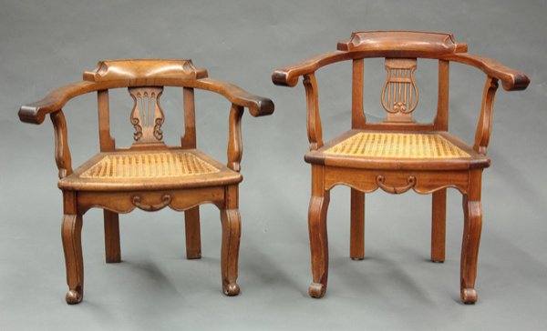 Anglo-Indian style armchairs: Two associated Anglo-Indian style armchairs with lyre splat and caned seat, graduated in size, one 24''h x 27''w and inscribed 'For Jose A. Delasco, Antigua 1958,' the other 27''h x 27''w