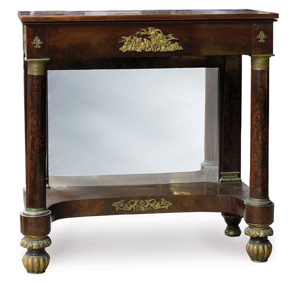 French Empire mahogany neoclassical pier table: French Empire mahogany neoclassical pier table, circa 1830, rectangular top over conforming apron centered with ormolu mount depicting Aphrodite in Chariot supported by turned tapered columns with eng