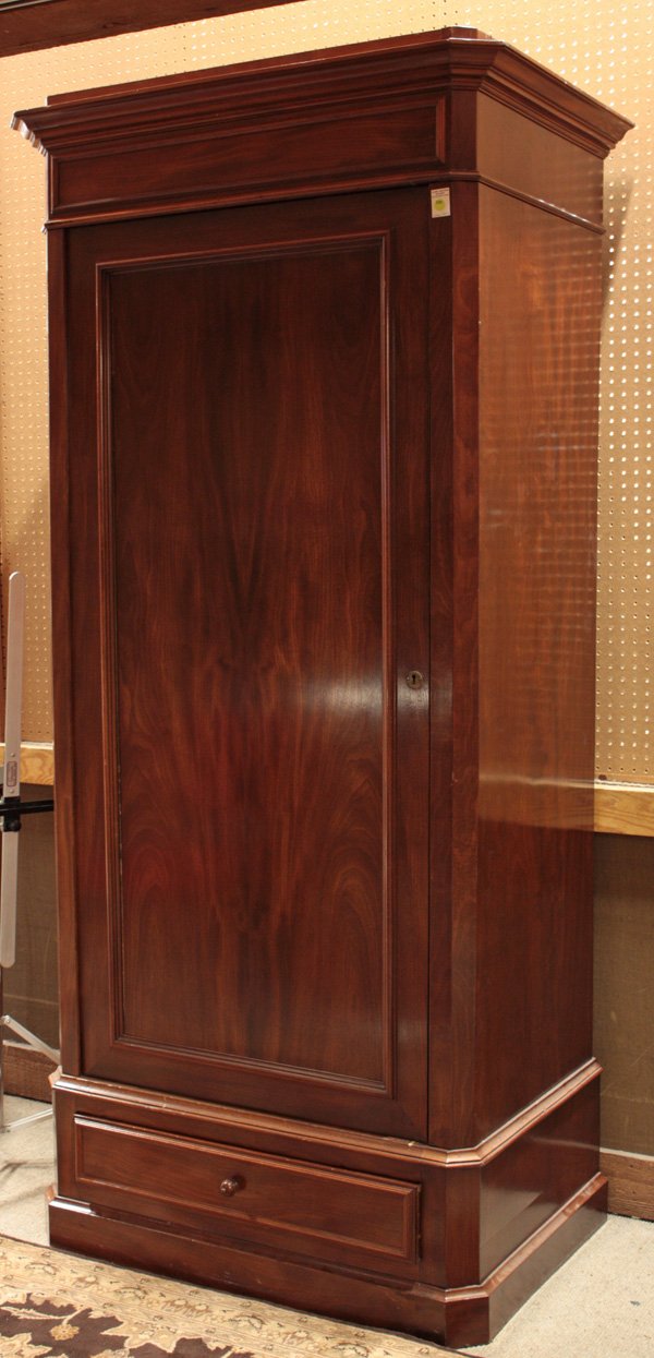 Edwardian mahogany amoire: Edwardian mahogany amoire with flat top, single moulded door above a drawer base, 85.5''h x 41''w x 26''d