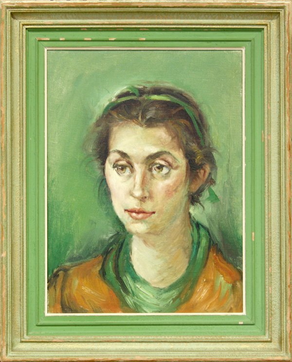 Portrait of a Woman: Framed oil on canvas, Portrait of a Woman, by George Chann (Chen Yinipi) (Californian/Chinese, 1913-1995), signed ''Geo. Chann'' verso, bears ''M. Flax, INC.'' stamp on stretcher bar verso, sight: 15.