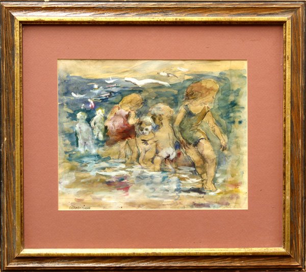Children at the Beach: Framed gouache and watercolor, Children at the Beach, by George Chann (Chen Yinipi) (Californian/ Chinese, 1913-1995), signed ''George Chann'' lower left, sight: 8.5''h x 10.75''w, overall: 15.5''h x 