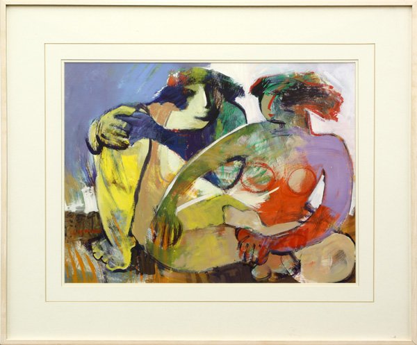 Seated Woman and Man with Dog: Framed acrylic on paper, Seated Woman and Man with Dog, by Hessam Abrishami (Iranian/Californian, b. 1951), signed ''Hessam'' lower left, sight: 19.5''h x 25.75''w, overall: 30.75''h x 37''w