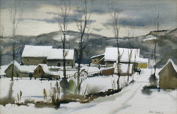 Metcalf Homestead: Framed watercolor on Arches Torchon paper, ''Metcalf Homestead,'' by Paul Sample (Californian, 1896-1974), signed ''Paul Sample'' lower right, titled verso, sight: 13.5''h x 20.75''w, overall: 23''h x