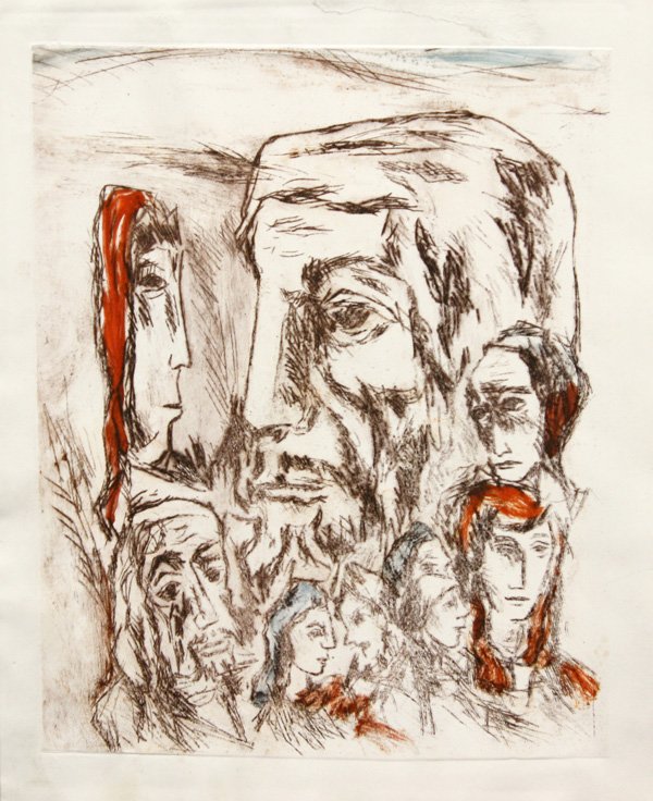 Figure Groups: (lot of 4) Unframed hand-colored etchings, Figure Groups, c.1971-5, by Boris Deutsch (Californian, 1892-1978), three signed and dated, one unsigned, largest overall: 14.5''h x 11.75''w