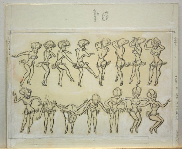 Animation, Preston Blair: Red Hot Riding Hood animation sheet, pencil with wash by Preston Blair, (American 1908-1994), illustrating movement of'Red Hot Riding Hood' dancing in 15 progressive figures, an attached cover sheet s